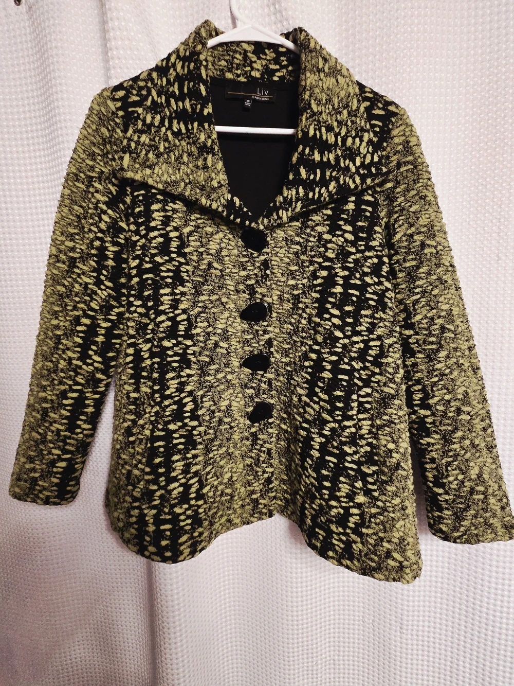 Liv Women's Black and Yellow-green Patterned Pea Coat